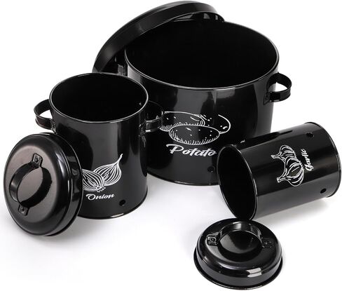 Frcctre Set of 3 Potato and Onion Storage Canisters, Potato, Onion, Garlic Kitchen Storage Bin With Lids, Metal Vegetable Keeper Storage Bins Set with Aerating Holes for Pantry Organization in Kuwait