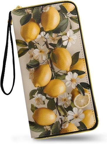 Oil Painting Lemons Large Capacity Wristlet Wallet for Women Vintage Fruits Lemon Flowers Long Zipper Around Credit Card Holder, Countryside Style Leather Billfold Clutch in Saudi Arabia