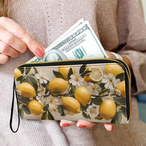 Oil Painting Lemons Large Capacity Wristlet Wallet for Women Vintage Fruits Lemon Flowers Long Zipper Around Credit Card Holder, Countryside Style Leather Billfold Clutch in Saudi Arabia
