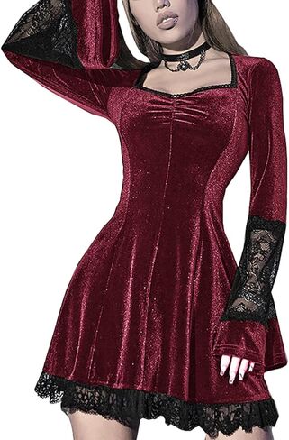TSMNZMU Gothic Mini Dress Vintage Long Flare Sleeve Velvet Dresses Punk Grunge Witchy Dress Emo Alt Lolita Fairy Dress in Kuwait