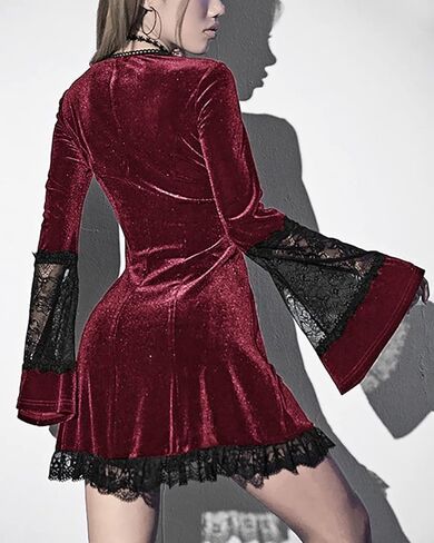 TSMNZMU Gothic Mini Dress Vintage Long Flare Sleeve Velvet Dresses Punk Grunge Witchy Dress Emo Alt Lolita Fairy Dress in Kuwait