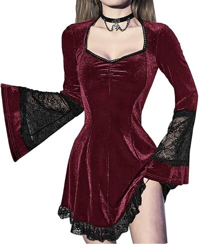 TSMNZMU Gothic Mini Dress Vintage Long Flare Sleeve Velvet Dresses Punk Grunge Witchy Dress Emo Alt Lolita Fairy Dress in Kuwait