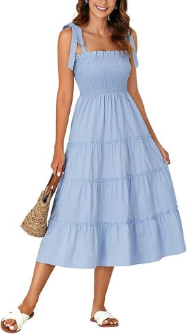 Rooscier Women's Spaghetti Straps Square Neck Smocked Tiered Ruffle A Line Midi Dress in Saudi Arabia