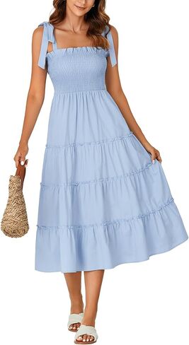 Rooscier Women's Spaghetti Straps Square Neck Smocked Tiered Ruffle A Line Midi Dress in Saudi Arabia