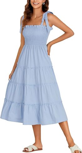 Rooscier Women's Spaghetti Straps Square Neck Smocked Tiered Ruffle A Line Midi Dress in Saudi Arabia