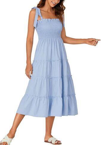 Rooscier Women's Spaghetti Straps Square Neck Smocked Tiered Ruffle A Line Midi Dress in Saudi Arabia