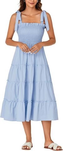 Rooscier Women's Spaghetti Straps Square Neck Smocked Tiered Ruffle A Line Midi Dress in Saudi Arabia