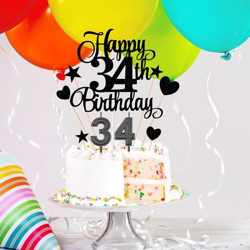 مجموعة زينة كعكة عيد الميلاد الرابع والثلاثين تتضمن شموع عيد الميلاد الرابع والثلاثين العددية 34 شموع كعكة وأغطية كعكة عيد الميلاد الرابع والثلاثين السعيدة مع أعواد كب كيك على شكل نجمة قلب لحفلة عيد الميلاد (سلسلة سوداء) in Saudi Arabia
