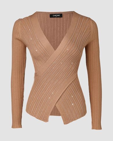 Chic Me Womens Knit Sweaters Long Sleeve Pullover Rhinestone Decor Criss Cross Knit Sweater in Saudi Arabia