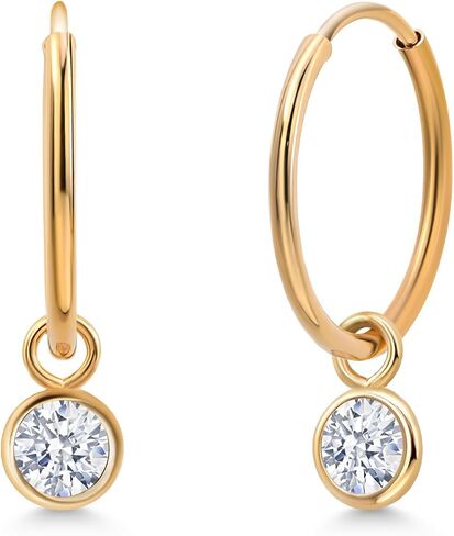 Gem Stone King 14K Yellow Gold White Zirconia Dangle Drop Endless Hoop Huggie Small Earrings For Women (0.50 Cttw, 20MM Length, Gemstone, Round 4MM) in Saudi Arabia