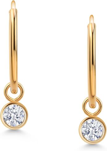 Gem Stone King 14K Yellow Gold White Zirconia Dangle Drop Endless Hoop Huggie Small Earrings For Women (0.50 Cttw, 20MM Length, Gemstone, Round 4MM) in Saudi Arabia