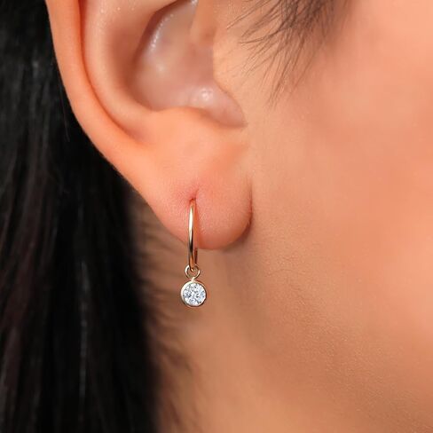 Gem Stone King 14K Yellow Gold White Zirconia Dangle Drop Endless Hoop Huggie Small Earrings For Women (0.50 Cttw, 20MM Length, Gemstone, Round 4MM) in Saudi Arabia