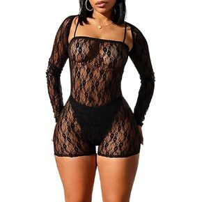 magorange Women Floral Lace See Through 2 Piece Outfits Long Sleeve Cropped Cardigan and Shorts Jumpsuits Club Outfits