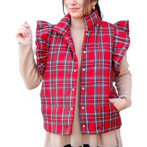 SOLILOQUY Women's Puffer Vests Fall Winter Ruffle Sleeve Button Down Plaid Padded Gilet with Pockets