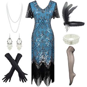 1920s Gatsby Vintage Sequin Flapper Fringe Party Dress with 20s Accessories Set