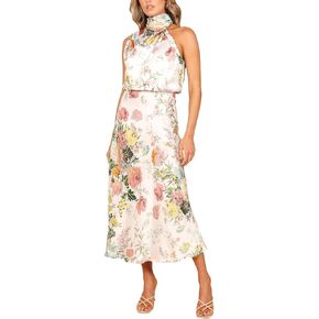 ODIZLI Women Halter Neck Satin Dresses Sleeveless Floral Print Cocktail Dress Elegant Party Gown Prom Summer Dresses