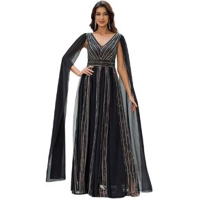 Women's Sparkly Tulle Prom Dresses with Cape A-Line Sexy V Neck Formal Evening Gowns