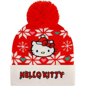 Hello Kitty Beanie Hat, Adult Women's Cuffed Knit Cap with Pom, Santa Hat Holiday Design, Red, One Size