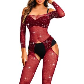 Sparkly Fishnet Bodysuit For Women, Fits 0-18 Exotic Sexy Lingerie, Sheer Full Rhinestone Bodystocking Plus Size