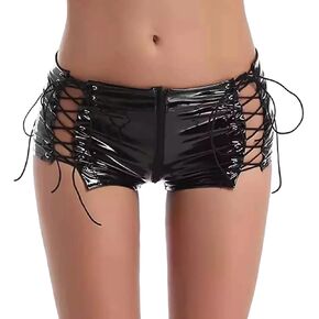 FEOYA Women's Black Latex Outfit Patent Leather Bras Pvc Shorts Party Club Clubwear
