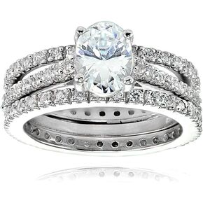 Hoops & Loops Sterling Silver Oval Cubic Zirconia Bridal Wedding Band Ring Set