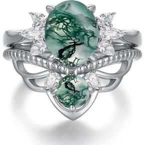 Natural Moss Agate Ring Set 925 Sterling Silver Moss Agate Engagement Promise Ring for Women Wedding Promise Jewelry Gifts for Women