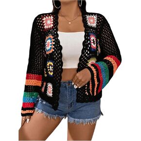 MakeMeChic Women's Plus Size Floral Crochet Cardigans Open Front Bell Sleeve Knitted Outerwear in Saudi Arabia