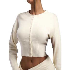SHENHE Women's Y2K Cropped Cardigan Button Up Crew Neck Drop Shoulder Knitted Plain Cardigan Sweater
