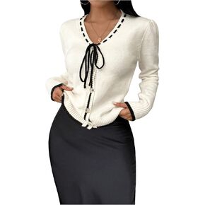 MakeMeChic Women's Contrast Binding V Neck Cardigan Long Sleeve Button Down Sweater