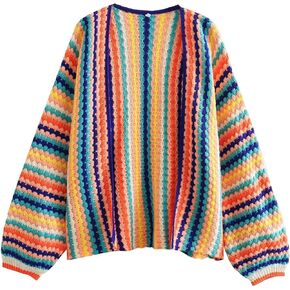 CORIRESHA Women's Rainbow Cardigan Open Front Long Sleeve Boho Crochet Colorful Striped Sweater