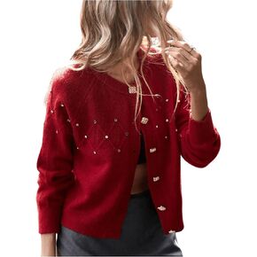 MakeMeChic Women's Rhinestone Button Down Cardigan Long Sleeve Crew Neck Sweater Tops