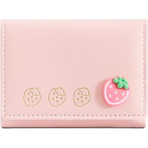 Strawberry Small Wallet Girls Cute Wallet with ID Window & 7 Credit Card Holder for Women (PINK)