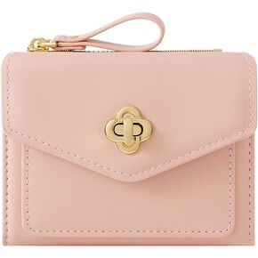 Sunwel Fashion Small Wallet Clover Twist Lock Credit Card Holder ID Window Zipper Coin Purse for Women Girls (PINK)