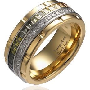 100S JEWELRY 10mm Gold Tungsten Rings For Men Rainbow & Clear CZ Moissanite Wedding Promise Band Size 6-16