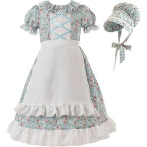 FCCAM Pioneer Dresses for Girls Colonial Dress Costume Short Sleeve Prairie Dresses with Apron