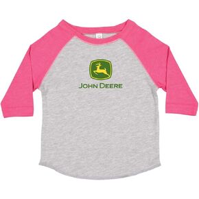 John Deere Toddler Girl Logo 3/4 Sleeve Raglan-Oxford/Hot Pink