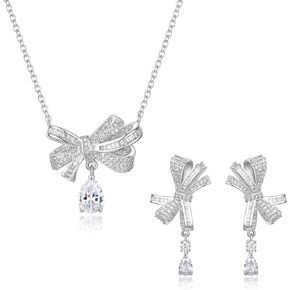 EleQueen Cubic Zirconia Silver Plated Teardrop Bow Pendant Necklace Dangle Earrings Bridal Wedding Jewelry Set for Women
