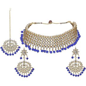 Aheli Indian Blue Color Beaded Necklace Dangle Earrings Maang Tikka Indian Bollywood Style Fashion Ethnic Jewelry Set Gift for Women