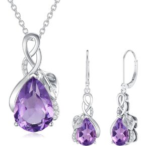 Natural Amethyst Necklace and Amethyst Earrings 925 Sterling Silver Authentic Gemstone Purple February Birthstone Jewelry Set for Women