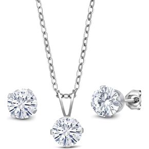 Gem Stone King 2.40 Cttw White Moissanite Pendant and Earrings Jewelry Set | 925 Sterling Silver | 6MM Round | With 18 Inch Chain