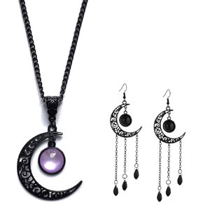 Gothic Moon Pendant Necklace Set Moon Earrings Moon Pendant Necklace Earrings Ladies Crystal Pendant Earrings Halloween Jewelry Set