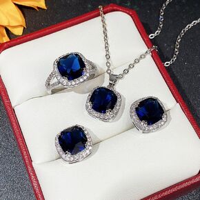 18K White Gold Plated Blue Created Sapphire Jewelry Sets for Women Costume Wedding Jewelry Set with Necklace Ring Earring for Bride Bridesmaid Sapphire Blue Zircon Pendant Earrings Ring Size 9