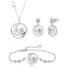 FANCIME Moon Star Jewelry set, April Birthstone Necklace Bracelet 925 Sterling Silver Earrings Cubic Zirconia Pendant Fine Jewelry Anniversary Birthday Gifts for Her Mom