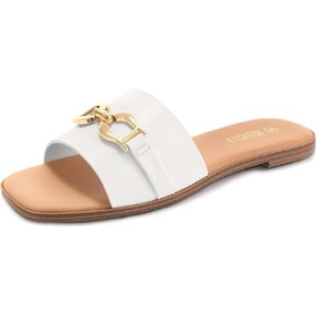 Rihero Women's Flat Sandals Summer Comfortable Square Open Toe Slip On Leather Slide Sandals