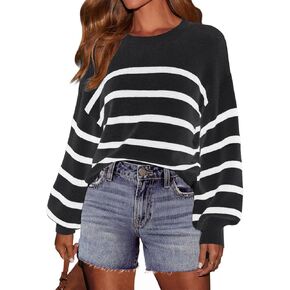INFITTY Striped Sweater Women Casual Crewneck Long Sleeve Ribbed Knitted Cropped Oversized Sweater Top Spring 2025