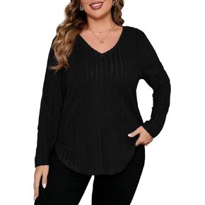 ShopWonder المرأة حجم كبير مضلع متماسكة سترة بلايز الخامس الرقبة طويلة الأكمام الخريف بلوزة تونك عادية in Kuwait