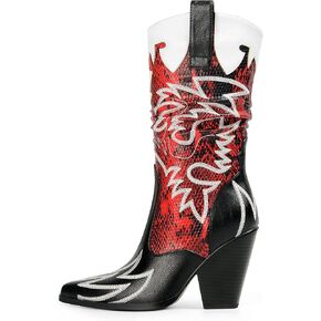Women Cowboy Boots Mid Calf Embroidered Cowboy Boots for Women Knee High Chunky Heel Pointed Toe Wide Calf Western Boots Cowgirl Boots
