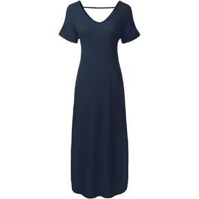 Women's Short Sleeve Loose Split Long Maxi Dress with Pockets (XS-XXL)