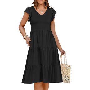 Caracilia Womens Summer Ruffle Sleeve V Neck Midi Dress Flowy Boho Casual A-Line Tiered Knee Length Beach Vacation Sundress