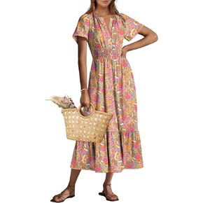 ANRABESS Women's Summer Short Sleeve Maxi Dress 2025 Casual V Neck High Waist A-Line Flowy Loose Tiered Boho Long Dresses